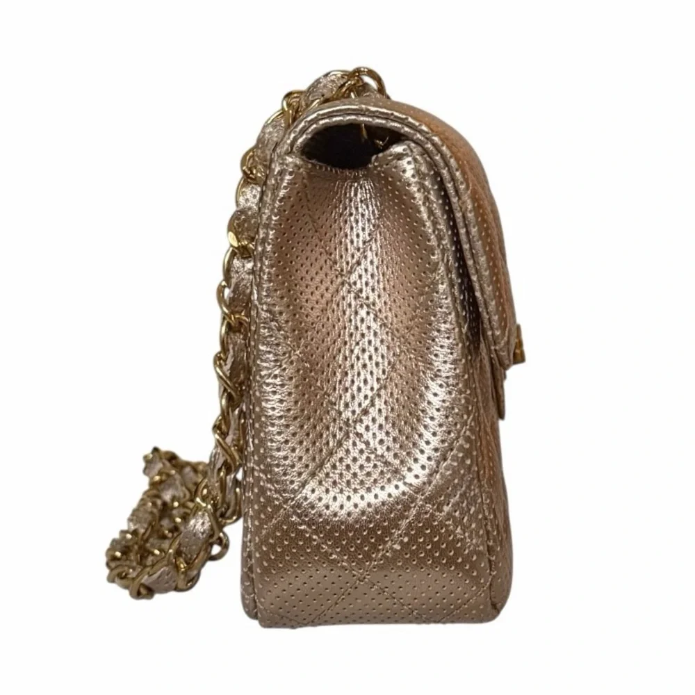 Ashneil Metallic Champagne Gold Quilted Perforated Flap Leather Shoulder Bag